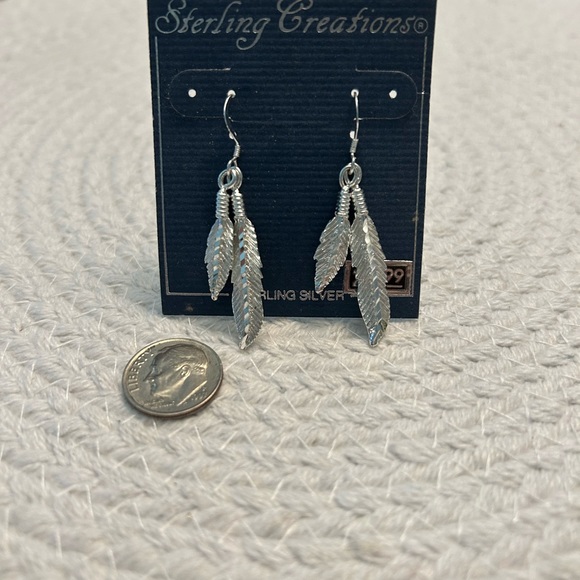 Sterling Silver Feather Earrings Dangle 925 - Picture 2 of 2